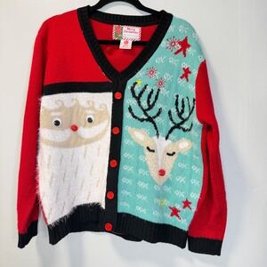 Merry Christmas Santa Reindeer Ugly Christmas Sweater Cardigan Red Teal Unisex L